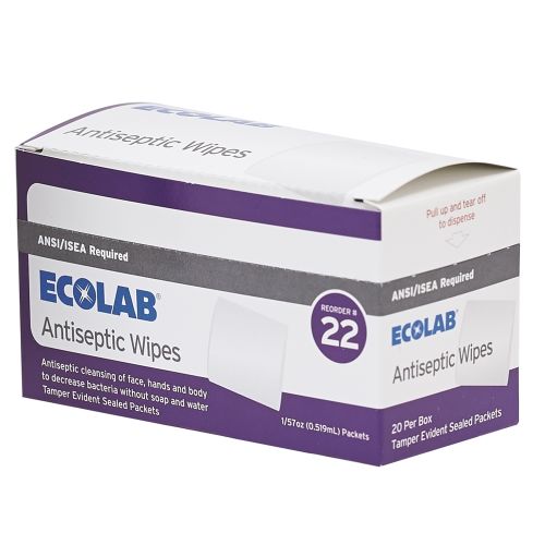 Ecolab® Antiseptic Wipes, 1/57 oz Packets, 20 Per Box 50225-01-25 Reorder No. 22